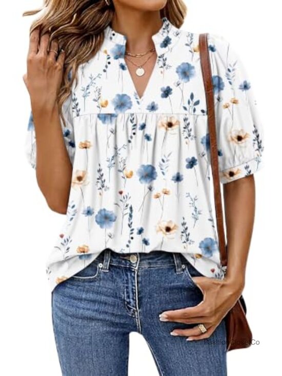 Tops - Puff Sleeve Ruffle V Neck Peasant Blouse Top Polyester